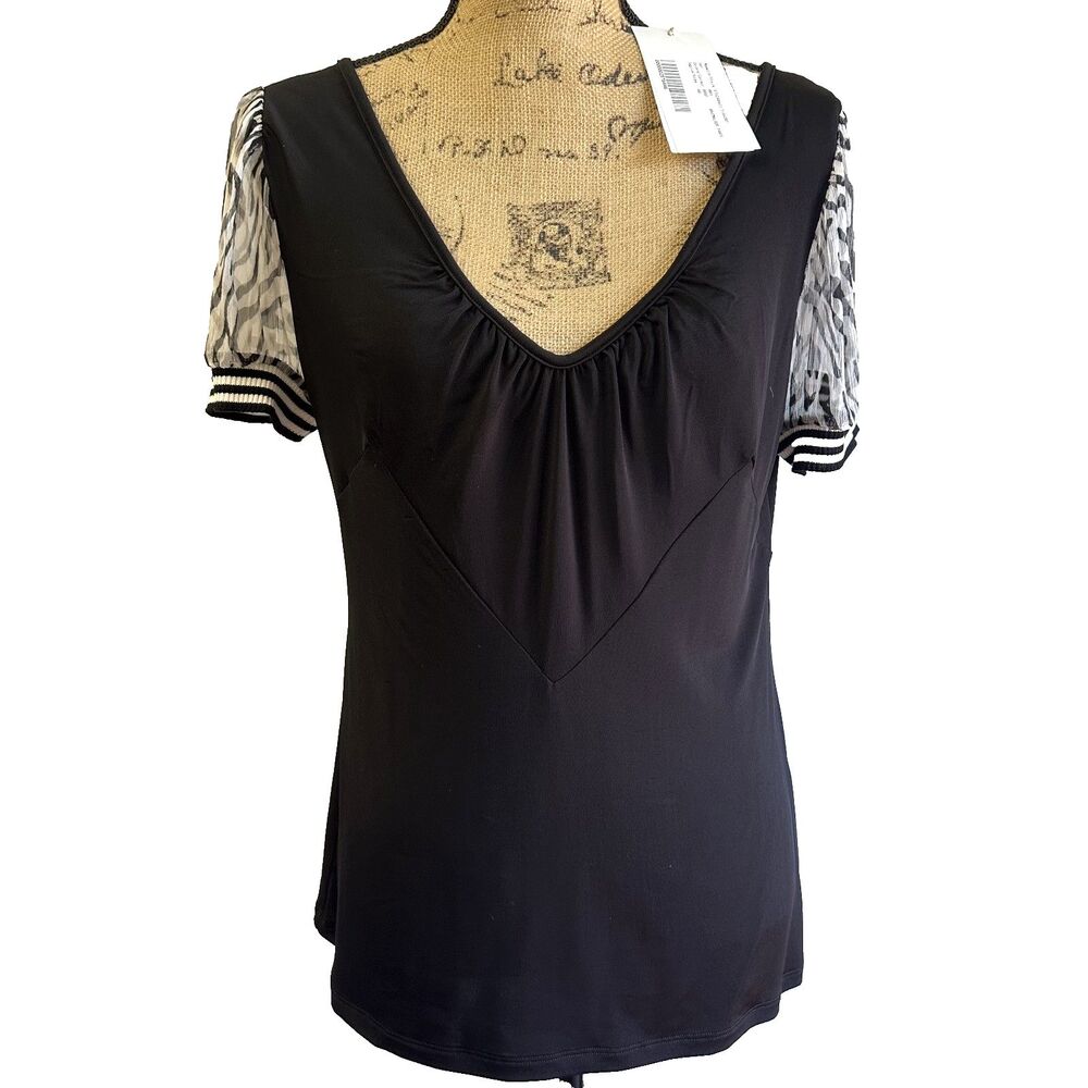 Pianurastudio Women's Black Chiffon Puff Sleeves V-Neck Blouse Top Sz 12/48